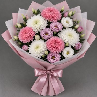 Букет из гвоздик, хризантем и эустомы